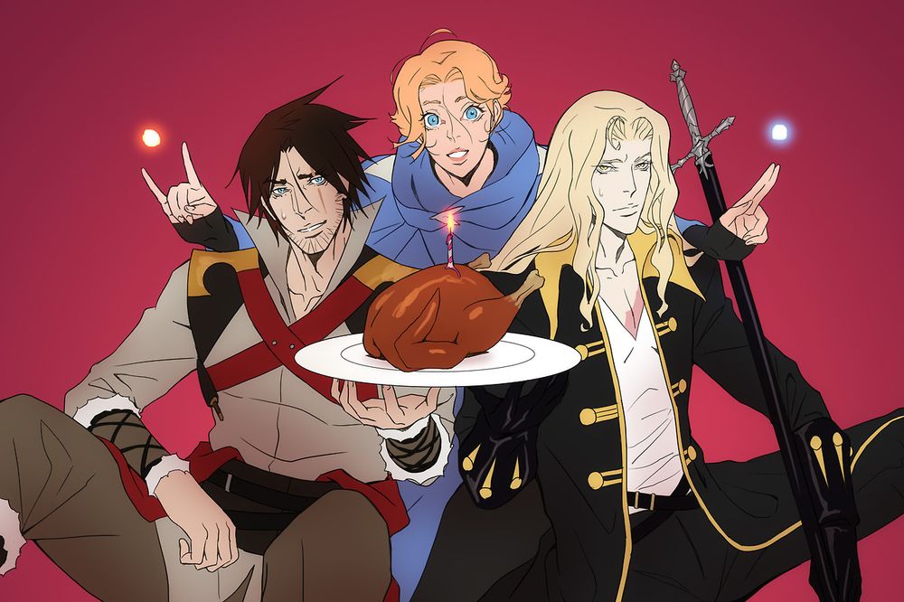 Trevor Belmont, Sypha Belnades, and Alucard from Castlevania holding a wall chicken with a candle on top drawn for the anniversary of the series