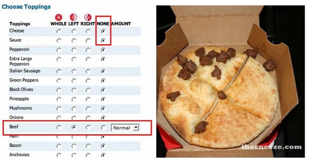 On October 18, 2007, Steven Molaro was experimenting with the Domino's pizza-ordering website, specifically testing the accuracy of ordering pizza toppings on the "left" versus "right", as seen when opening the box.[1] Using the site's radio buttons, he ordered two pizzas.[2]

The first, with pepperoni on the left and mushrooms on the right, arrived correctly partitioned, though reversed from the specific left–right orientation he had ordered. The second was a six-inch (150 mm) pizza[1] with no sauce, no cheese, and beef only on the left side of the pizza; while correctly absent of the typical base elements, Molaro said, "the whole pizza was so small and light it must have shifted during delivery. And the little beef pellets didn't have any sauce or cheese to hang on to, so a few lost their footing from the left half."[2]

Molaro described the second pizza itself as "tasteless bread with salty meat pellets",[3] though his wife did eat it,[4] an act he supposed testified to some level of quality and edibleness.[3] On October 19, he published a comedic post about the experiment on his blog, The Sneeze, where he named his beefy flatbread "NONE Pizza with Left Beef".[1] 