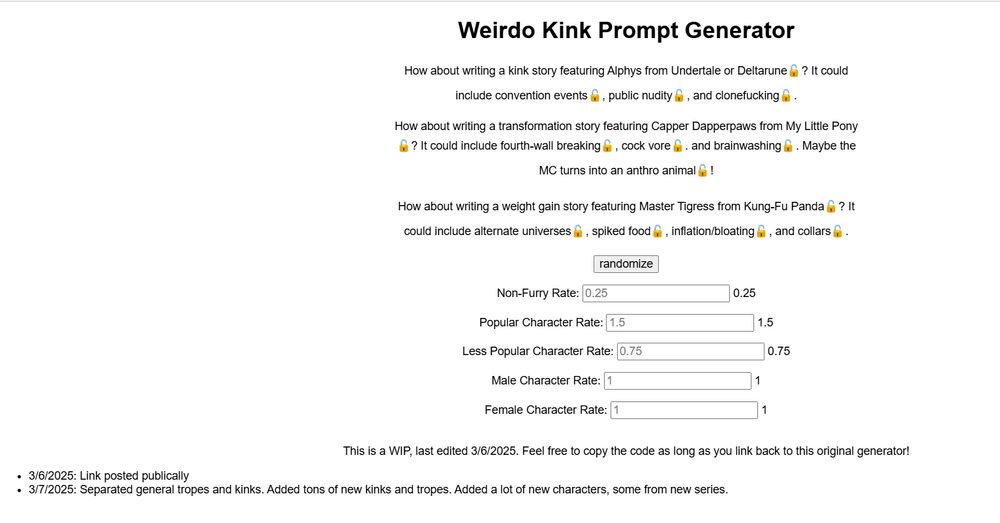 A generator on Perchance titled "Weirdo Kink Prompt Generator".