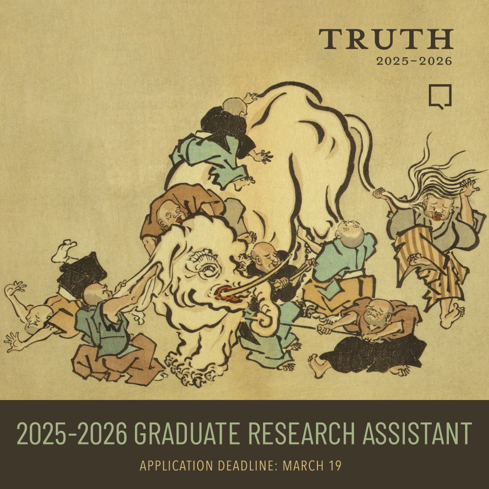 An ink painting with muted black, blue, and orange tones by Hanabusa, Itchō (1652-1724), depicting the story of the blind men and an elephant. Text reads: TRUTH 2025–2026 / 2025-2026 Graduate Research Assistant, / Application Deadline: March 19.