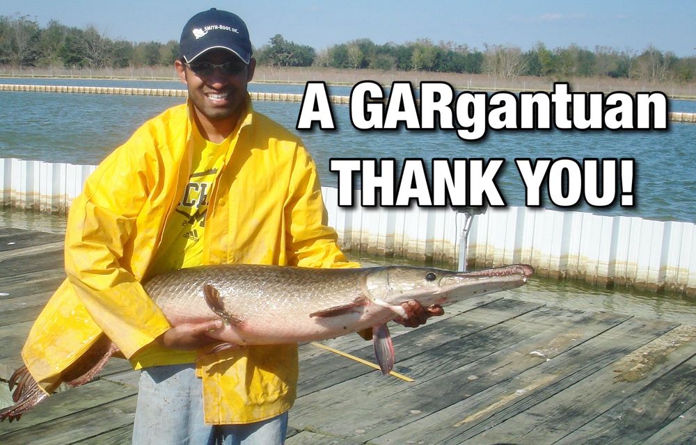 A fish scientist holds a large predatory fish (Alligator Gar) with the text “a gargantuan thank you!” next to them. 