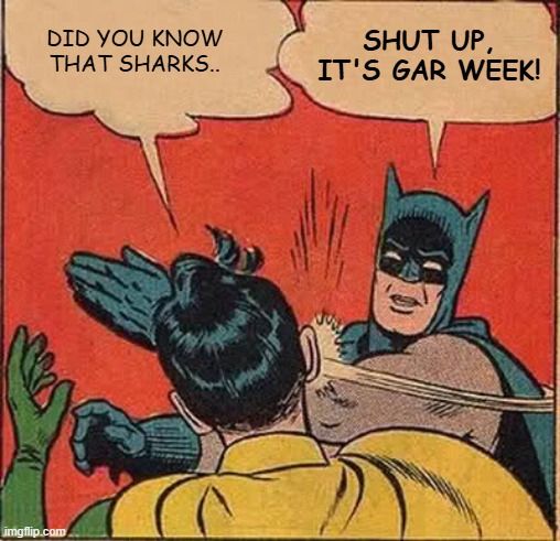 Batman slapping Robin meme: because Robin is trying to talk about sharks when it’s obviously Gar Week. 