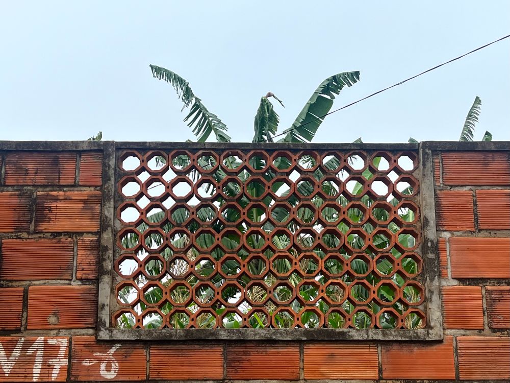 A patterned see through design in a red brick wall discloses a green palm tree behind with a pale blue sky above and a single black power line at 45 degrees to the right. 