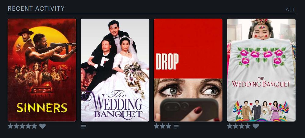 screencap of my last four watched films on letterboxd, showcasing the posters for Sinners (2025), The Wedding Banquet (1993), Drop (2025), and The Wedding Banquet (2025)