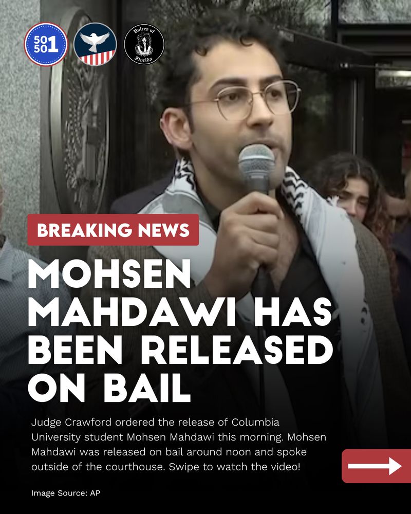 A man, Mohsen Mahdawi with glasses and a scarf speaks into a microphone. The text overlay reads: "BREAKING NEWS MOHSEN MAHDAWI HAS BEEN RELEASED ON BAIL. Judge Crawford ordered the release of Columbia University student Mohsen Mahdawi this morning. Mohsen Mahdawi was released on bail around noon and spoke outside of the courthouse. Swipe to watch the video!" Image Source: AP.