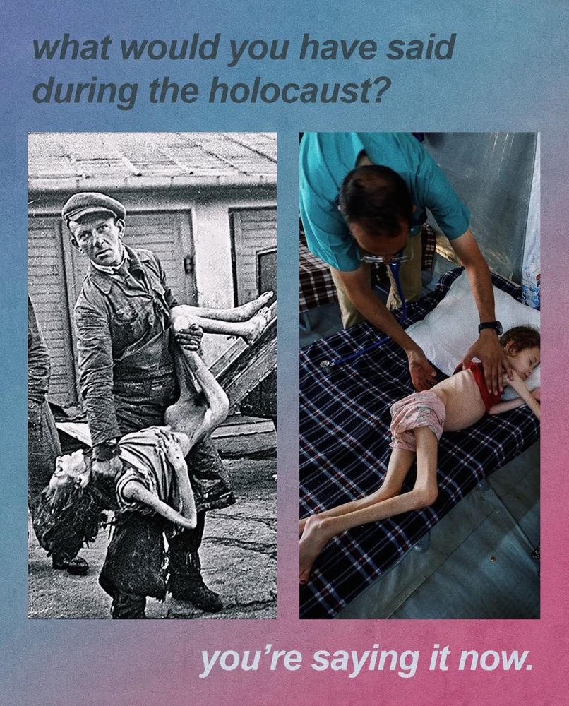 A side-by-side image comparison of a person suffering from malnutrition during the Holocaust and a child is suffering from malnutrition in Palestine