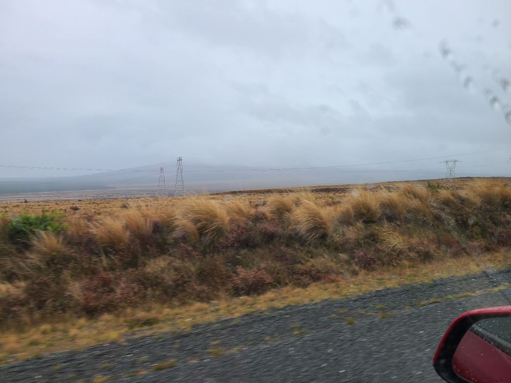 View out the passenger window of tussocky covered ground dotted with power pylons, the background is mostly cloudy, with the very lowest part of the mountain showing.