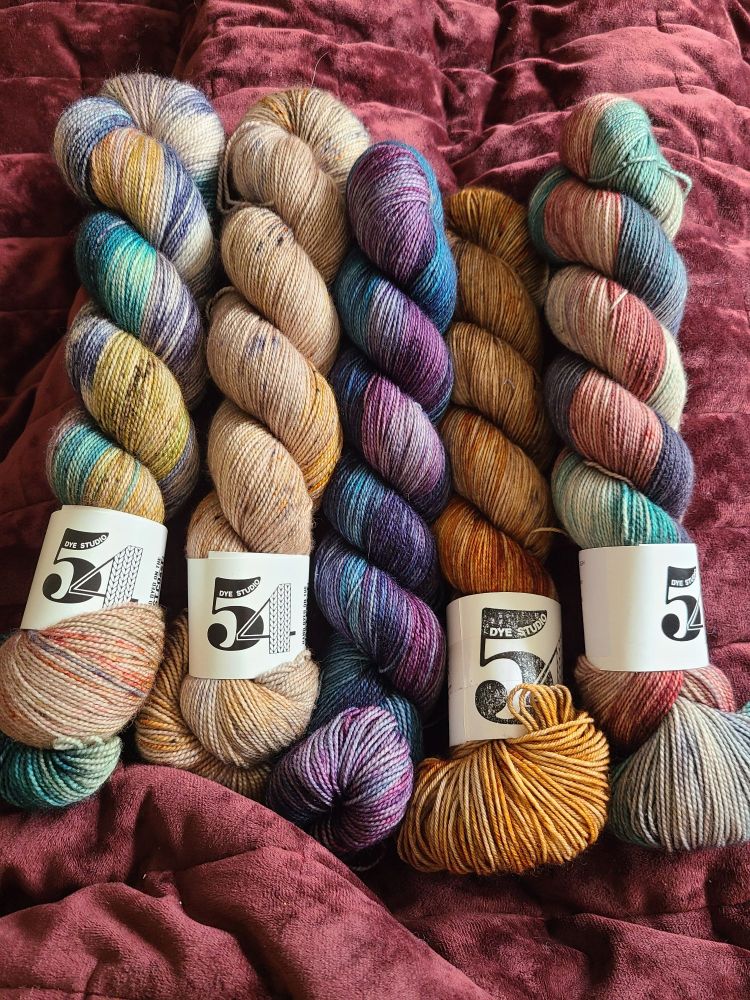 Five skeins of 4 ply yarn. The left one is a tan base with teal, blue, yellow and rust. Next one is tan base with speckles of blue, rust, yellow. The middle one is all dark purples, blue, and teals. Next is a predominantly rusts and some brown, also on the tan base. The last one is the tan base with blue, teal, and some mid to dark red. 