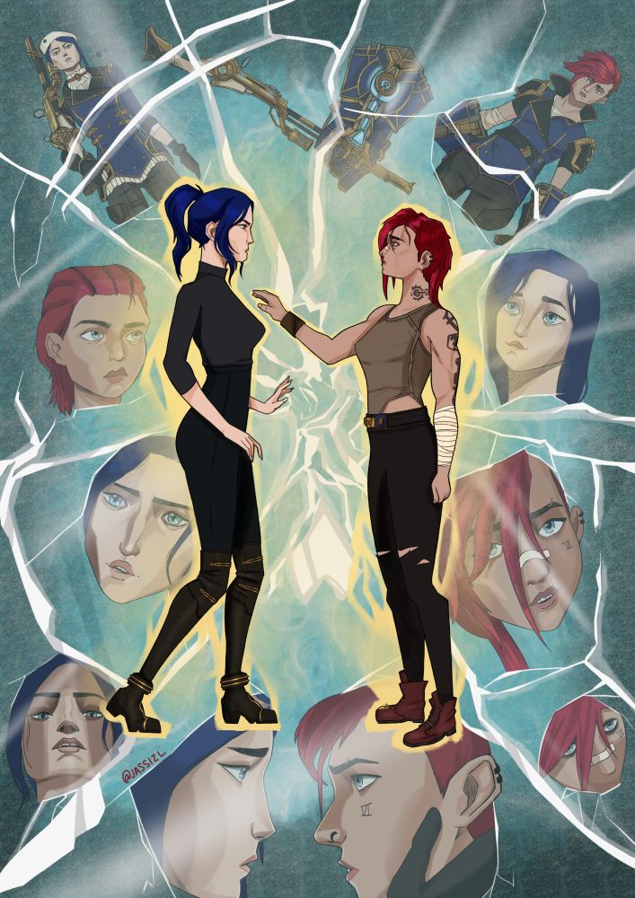 caitlyn and vi interacting. Vi reaches for caitlyn. Background is images of cait and vi from their past