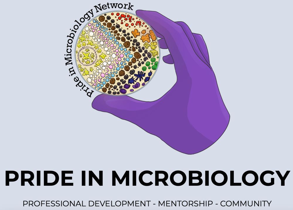 Logo for the Pride In Microbiology organization shows a purple-gloved hand holding a petri dish with multicoloured colonies outlining the progress flag. Text reads "Pride in microbiology. Professional development, mentorship, community".