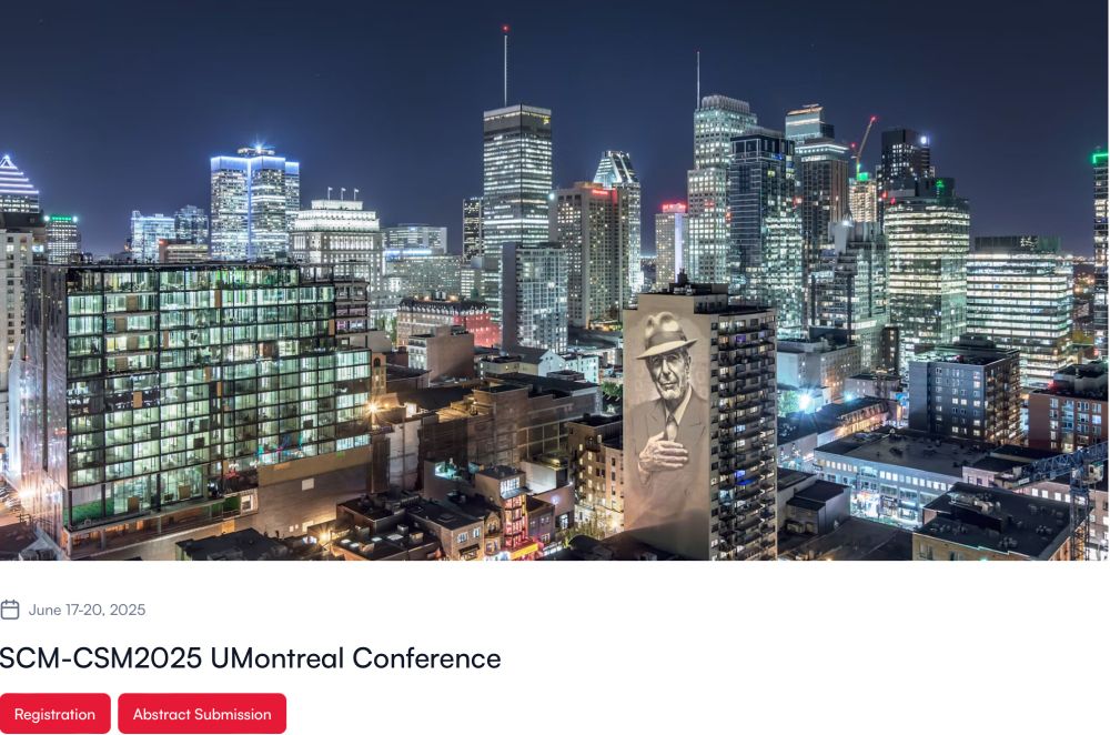Screen shot of webpage for the CSM conference in Montreal showing a nighttime view of Montreal with a huge Leonard Cohen mural on a building in the foreground.