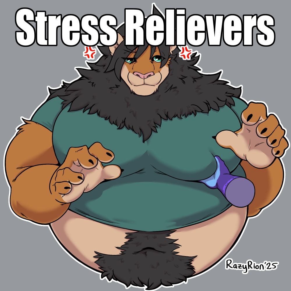 An image of Fritters, a large and hefty lion, looking annoyed while having their pectoral squeezed in reference to a meme image. Caption reads, "Stress Relievers."