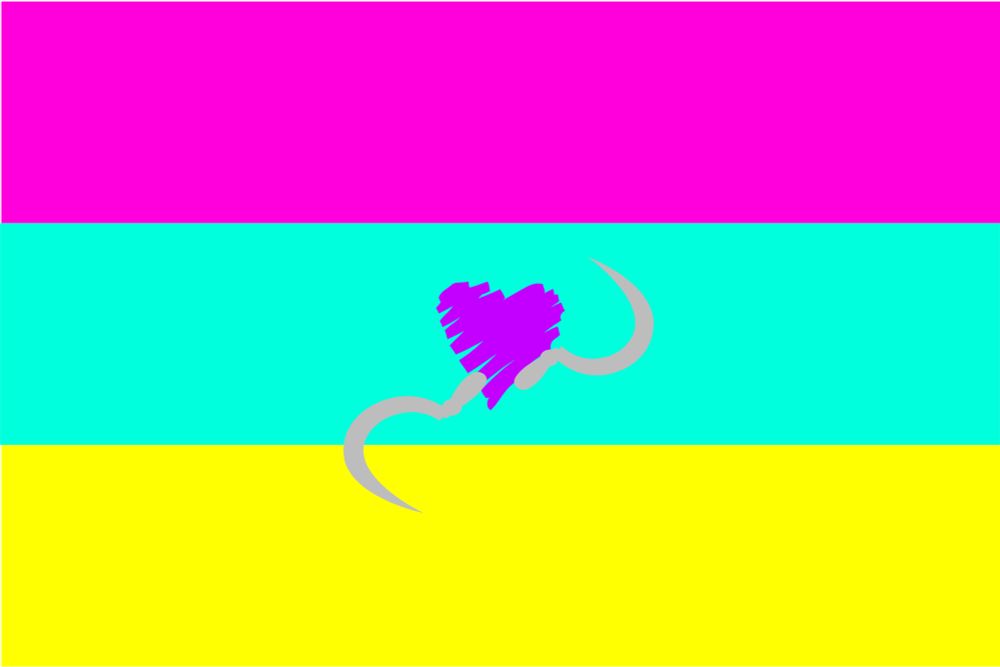 Picture of alternative bisexual flag with the colors:pink, cyan, and yellow flag.  a Purple Heart wielding two sickles sits at the center. 