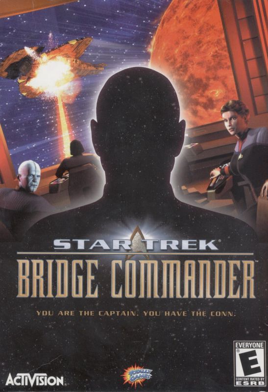 Picture of a silhouette of a person, a blue man and a woman staring at it with a weapon being fired at a ship, with the text: “Star Trek Bridge Commander. You are the Captain. You have the Con” 