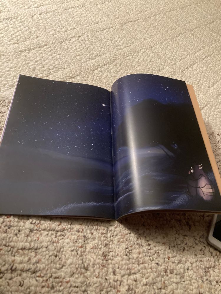 Picture of stars and a hill with a tree on a hill with a good creature named Garf holding his knees and staring at the night sky. 