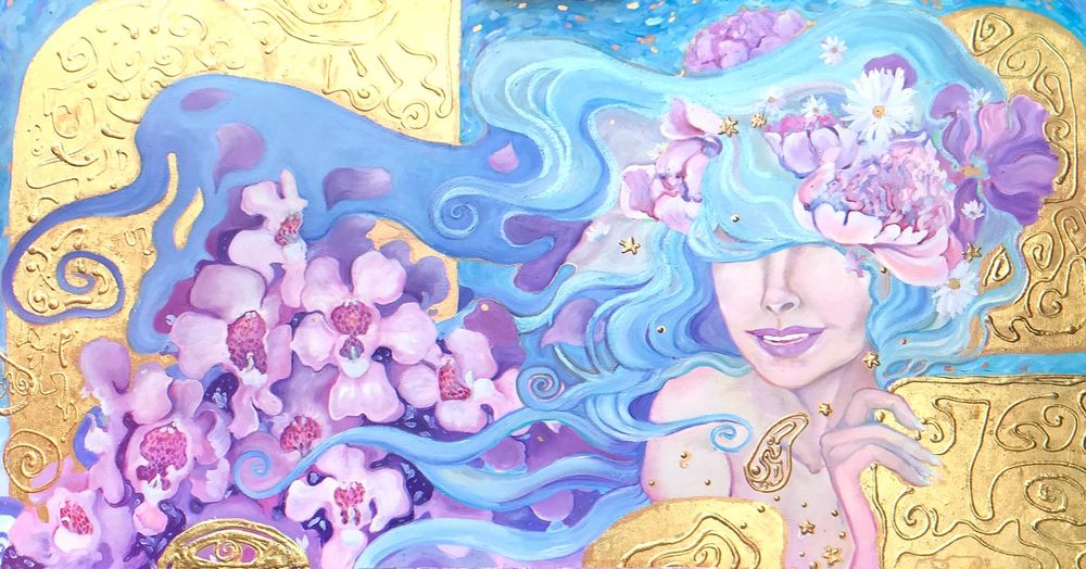 A woman with flowing blue and cyan blue hair and pink peonies with roses of Sharon is holding golden emblems of the soul. She looks upon the Angelonia flowers, now growing larger and larger, as they cry out the things they are passionate about. ——- This painting was originally started in 2018 but it was really picked up in 2019. I was in a lot of agony and my health was starting to slowly decline more from a health crash in 2017. Doctors couldn’t give me answers and I wasn’t able to hang out with my friends nor exercise like I used to, and gave up on fitness to accommodate my situation. I took up this painting, and I poured my heart and soul into it because I watched the Internet starting to tear apart. This painting has meaning as a precursor to the times we are living in now. What does it mean to listen to people who have good faith and morals, watching them grow larger and larger and large clusters like Angelonias do? People are delicate and can be easily torn apart, how hard is it really to understand good faith, and the angels of people who are passionate for humanity itself? much like flowers in addition, peace and beauty can be admired without having to be ripped up, sometimes they need to be taken care of. During the times of Black Lives Matter, Trump‘s brigade across cities with racism, treacherous separation of political ideologies, and lots of false information starting to seed itself – I wish more every day that people had listened more closely to the Angelonias in their life. Now I watch people being torn apart like flowers, how delicate humanity can sometimes be.