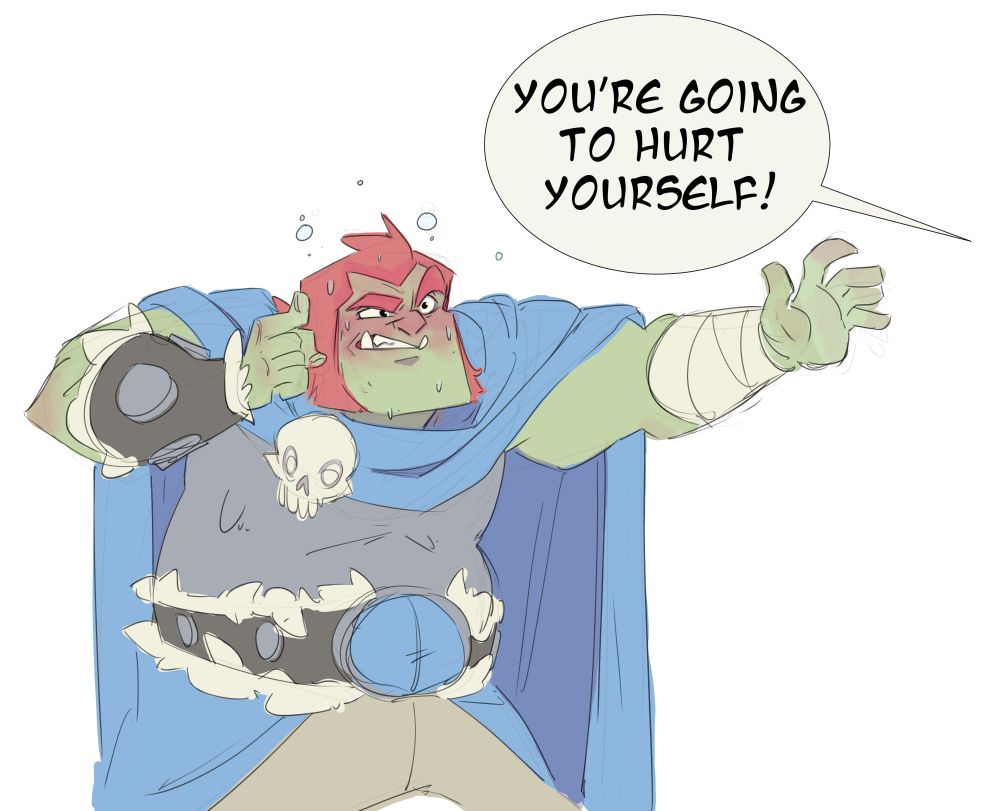 Duren the orc presses a finger to his head, arm out trying very hard to send out good vibes