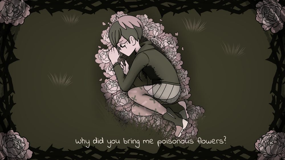 A drawing of Penny with muted colors of brown and pink, lying on their side on a bed of peonias. The text on the bottom reads "Why did you bring me poisonous flowers?" End text.