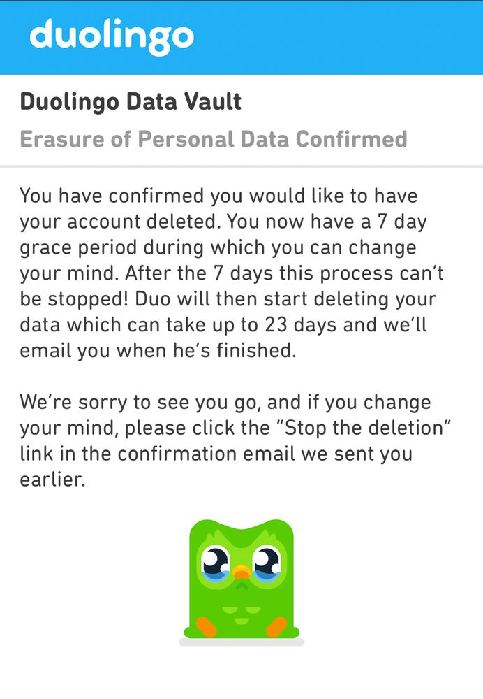 Confirmation for Duolingo account deletion.