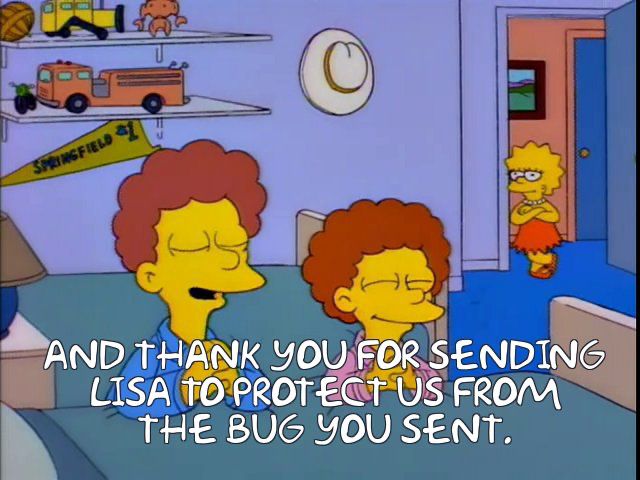 Rodd and Todd Flanders, two curly-haired boys, are praying at their bedside, thanking God for sending Lisa to protect them from the moth He sent. 