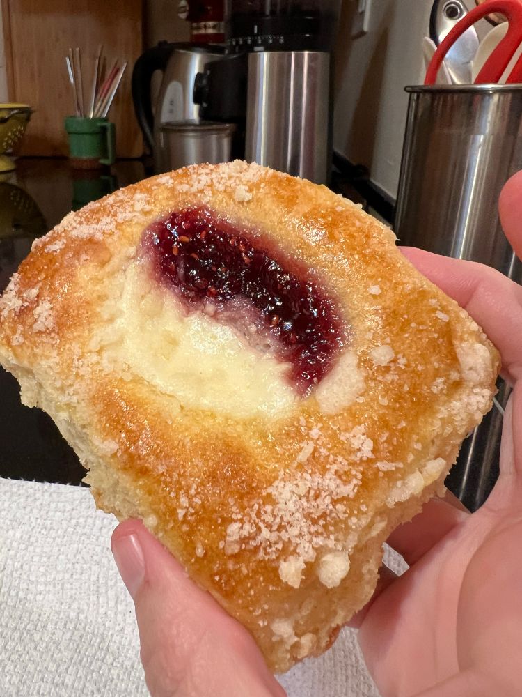 A kolache with cheese and raspberry filling gripped in my little paw 