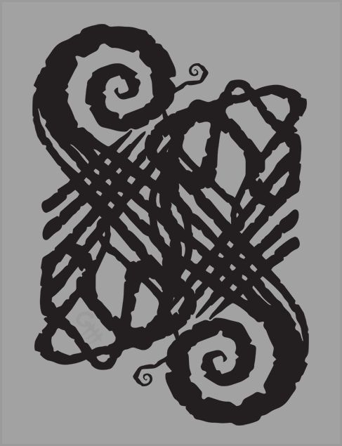 The Garou Glyphs for `The Wyld`, `The Weaver`, and `The Wyrm` arranged vertically, interwoven together to represent an alternative version for the concept of cycles.  This version has the glyphs also mirrored and inverted, with the central overlap having the Wyld strewn and caught up in the lines of the Weaver.