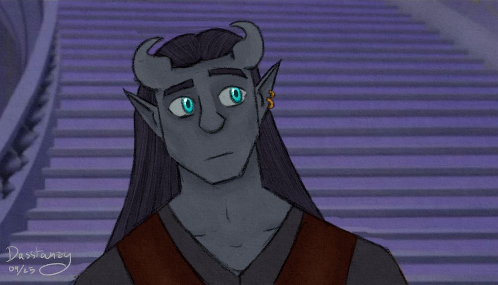 a re-draw of a frame from Cinderella 3. Orvyc, a man with grey skin and horns, black hair, and bright cyan eyes, is drawn from the shoulders looking to the side, planning something foolhardy.