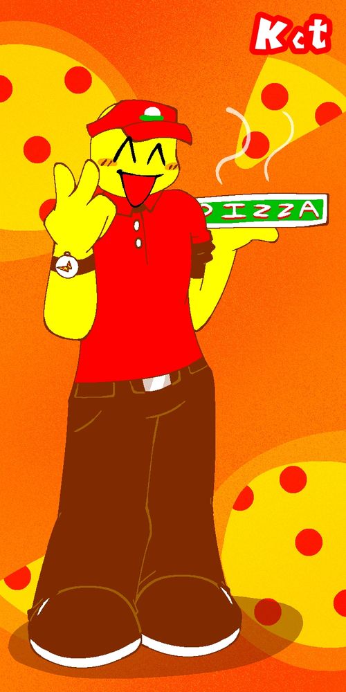 Elliot from the ROBLOX game, Work at a Pizza Place, holding a fresh pizza box and doing a V-sign in front of a pizza-themed background.
