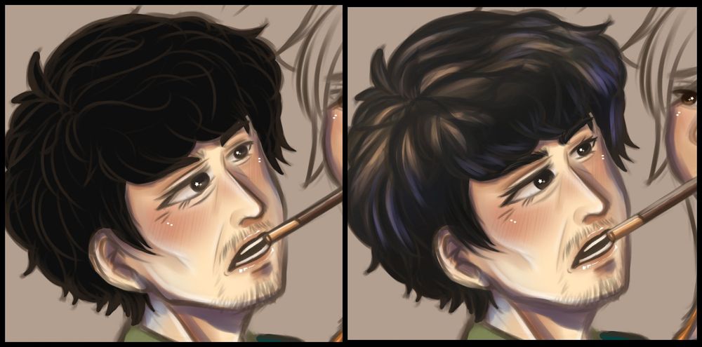 This pic is about working on the progress of my fanart of a middle-aged man. The left one looks kinda plain, with no hair shading while the right one has some highlight on his hair