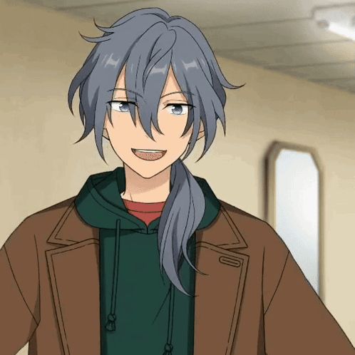 a boy with long grey hair and a brown jacket