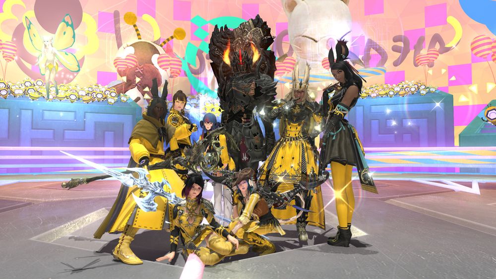 a group of ff14 characters in the honey b lovely arena wearing black and yellow. viera paladin is me :>