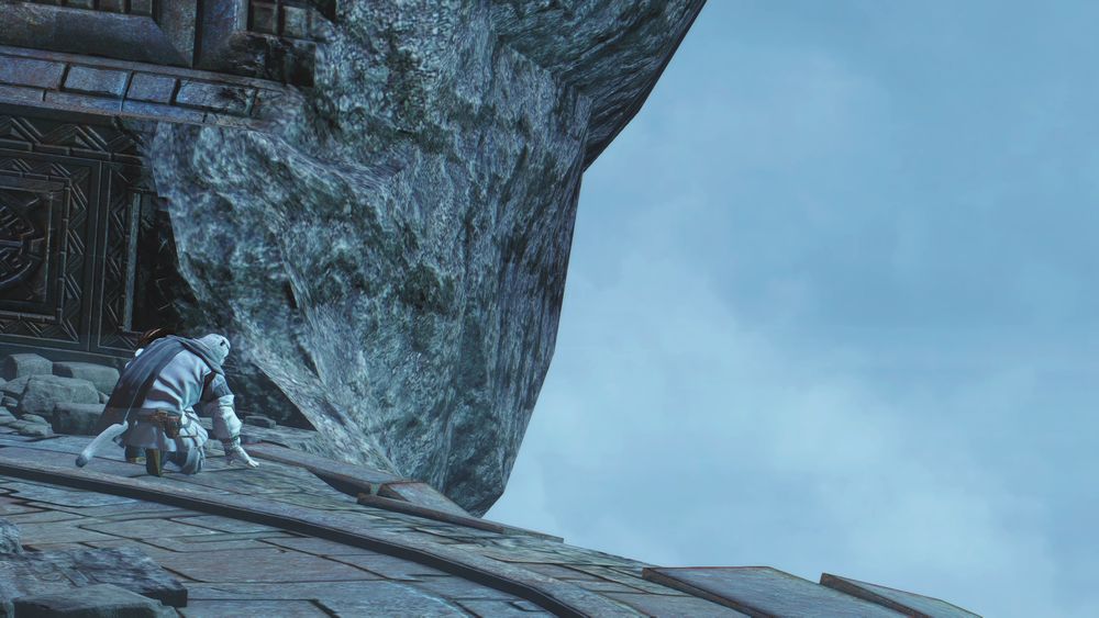 a screenshot from the video game, final fantasy xiv, a white-furred hrothgar kneels precariously close to the edge of an outlook jutting out of the tower of heaven-on-high. he is not having a good time.