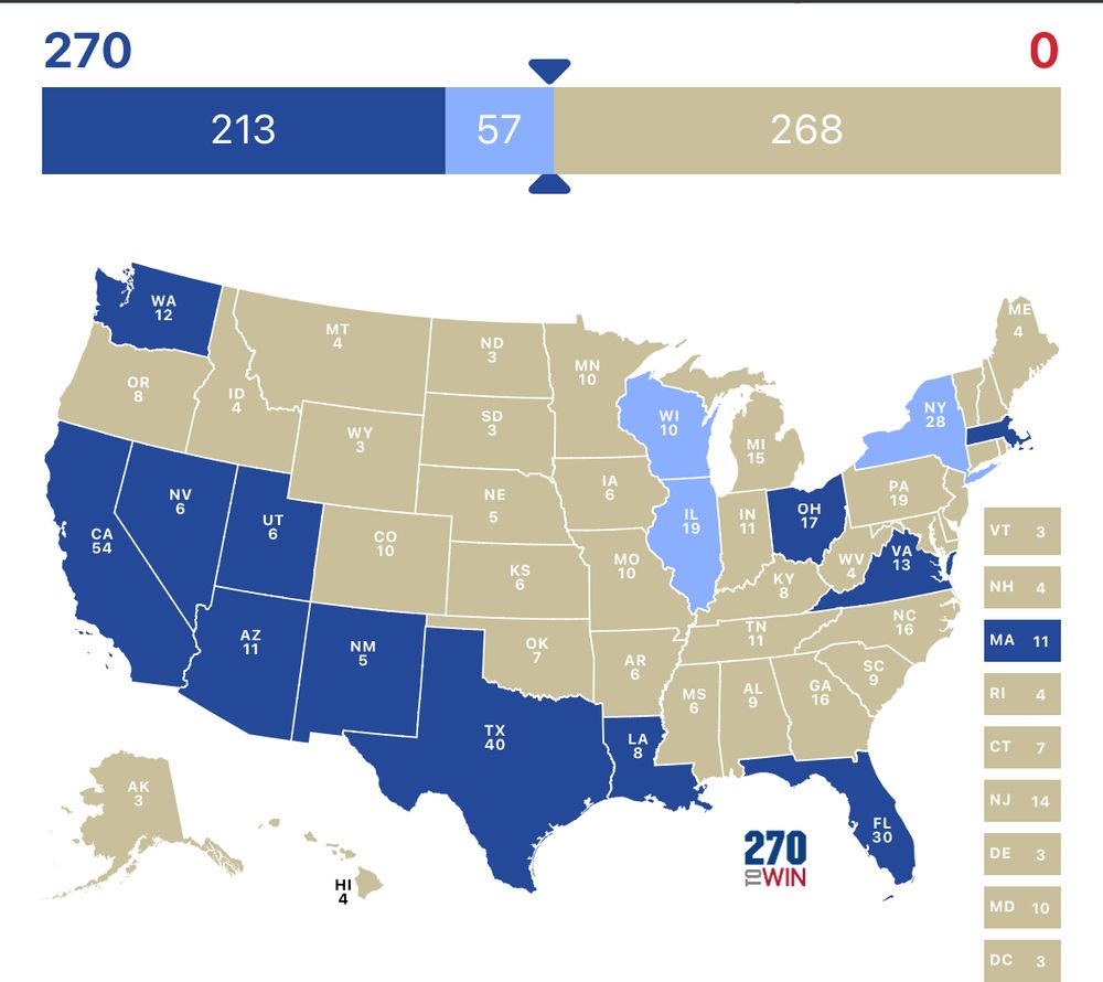 A map of the US with a number of states colored in dark blue to indicate states I’ve hooked up in, and light blue to indicate the fewest remainder I’d need to get to 270 electoral votes of each state