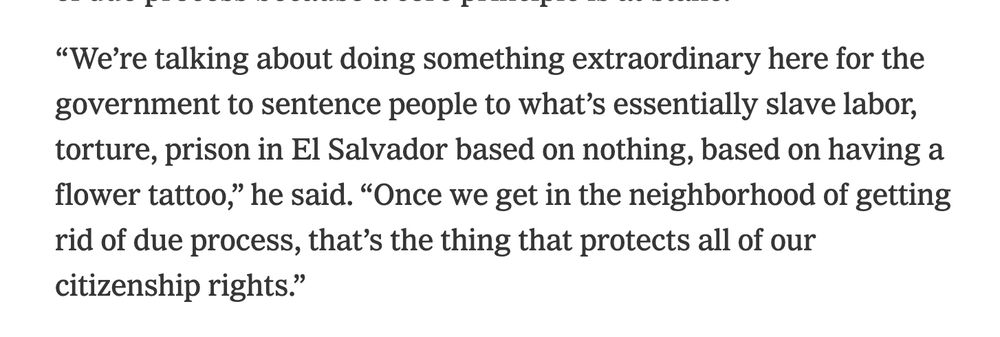 “We’re talking about doing something extraordinary here for the government to sentence people to what’s essentially slave labor, torture, prison in El Salvador based on nothing, based on having a flower tattoo,” he said. “Once we get in the neighborhood of getting rid of due process, that’s the thing that protects all of our citizenship rights.”