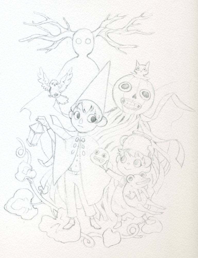 Pencil sketch of the beloved Characters of the animated series Over the garden Wall. In the foreground is Wirt, holding a lantern, next to him is Greg, in his arm the frog, he's showing the rock-fact rock to Wirt. Beatrice is fluttering next to Wirt. Behind the two brothers we can see Enoch, the pumpkin ghost, dancing, with a cat peeking out from his head. In the far back, the silhouette of the beast looms over them.