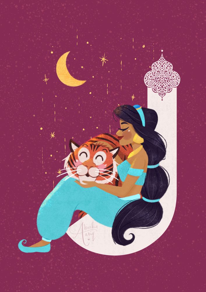 Illustration of Princess Jasmine and her tiger from Aladdin sitting on a capital letter J