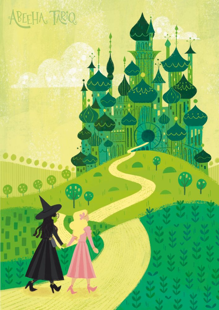 Illustration of the emerald city from wicked in a midcentury style with lots of textures and shapes. Elphaba and Glinda are in the foreground on a path walking towards it in the background over rolling hills. Lots of green!
