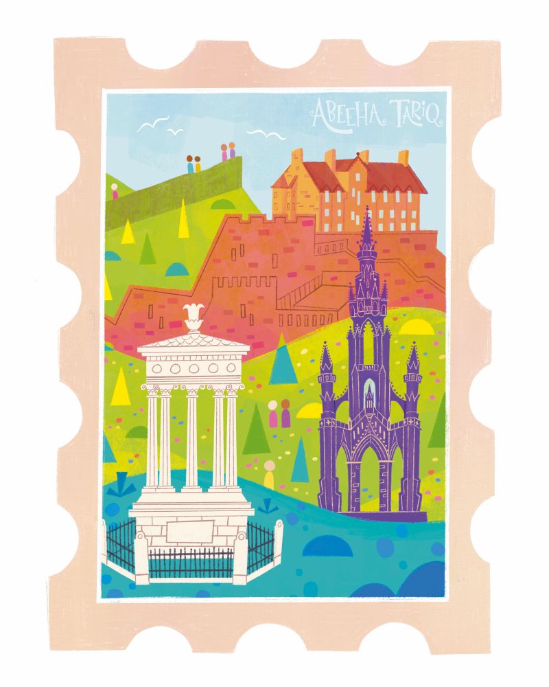 Colourful, stylised illustration of an Edinburgh-themed stamp. You can see landmarks such as Calton Hill, the Scott Monument, Arthur’s Seat and Edinburgh Castle.