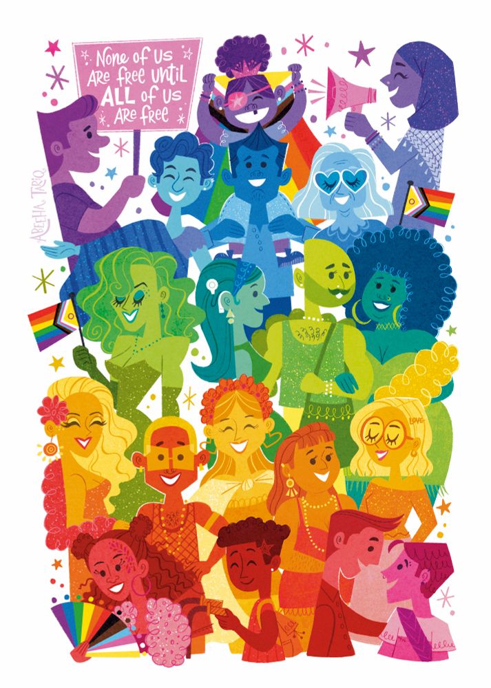 Illustration of a group of characters drawn in a cartoon, midcentury-style. They are at pride and the whole piece is a rainbow gradient with the characters in different colours. A sign held by the character at the top says “none of us are free until all of us are free”