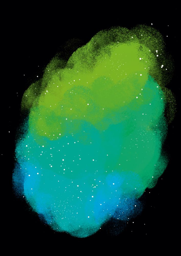 A cloudy puff of greenish, blueish colours with specks of white 