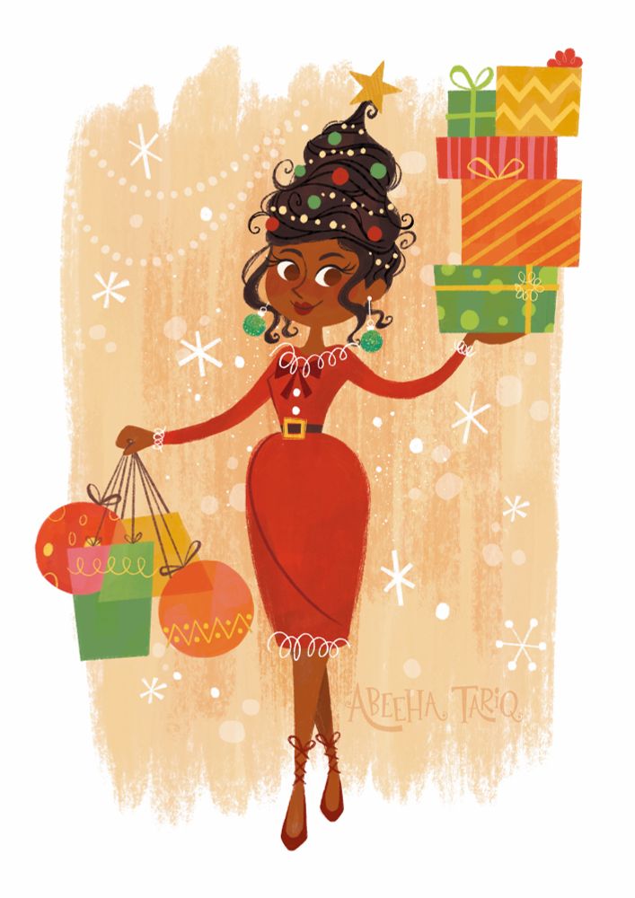 Illustration of a brown skinned woman in a festive red dress. She holds gift bags in one hand and boxed presents up in the other in a stack. Her dark hair is pulled up in the shape of a Christmas tree with lights and baubles. She has green bauble dangly earrings. 