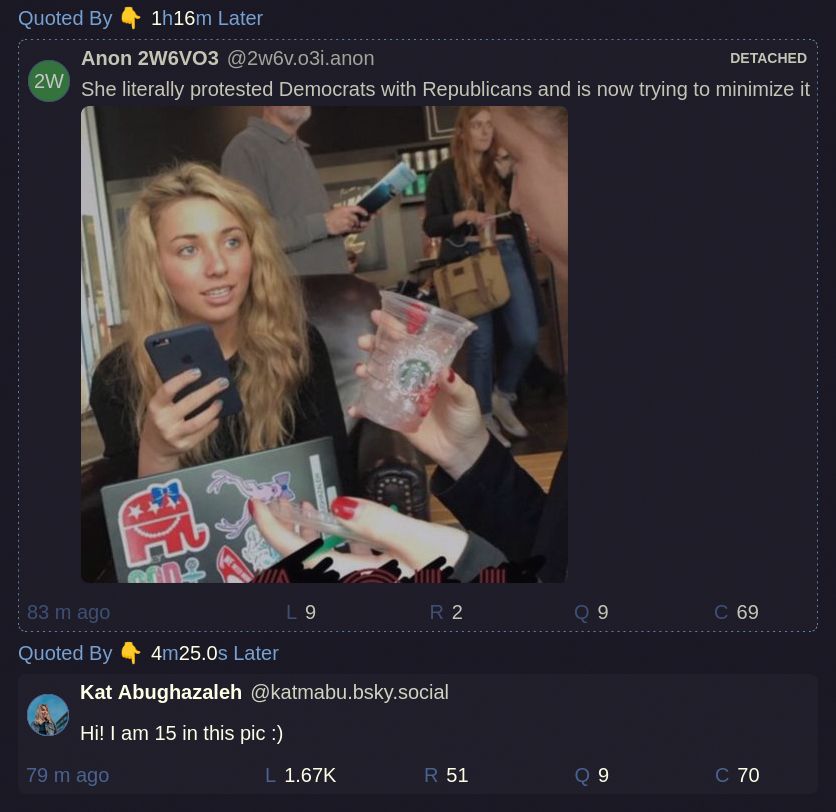The anon author said:

She literally protested Democrats with Republicans and is now trying to minimize it

And attached an image of @katmabu.bsky.social sitting behind a laptop with a republican elephant sticker.