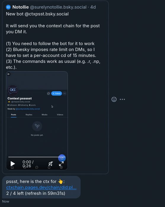 demonstrating the new bot reply message. The quoted post is not important.

The bot's reply is:

pssst, here is the ctx for 👆:
ctxchain.pages.dev/chain/did:pl...
2 / 4 left (refresh in 59m31s)