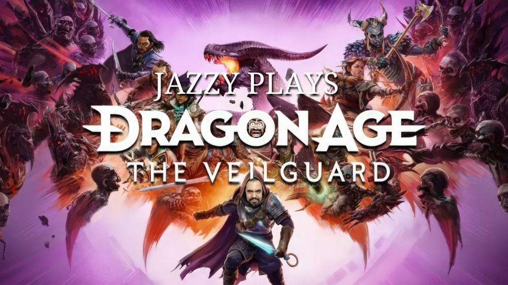 The cover image of Dragon Age: The Veilguard, which has a masked protagonist holding a lyrium blade with dragon wings made of portraits of NPCs and enemies from the game spreading behind them. Eugenio's face is superimposed over the protagonist's mask, and his screaming emote is tucked inside the "O" of Dragon Age. Full text in the image reads "Jazzy plays Dragon Age The Veilguard"