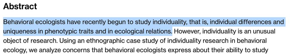 Screenshot of article abstract, with first sentence highlighted. This reads, "Behavioral ecologists have recently begun to study individuality, that is, individual differences and uniqueness in phenotypic traits and in ecological relations."