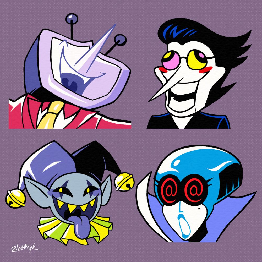 Fanart redraws of Tenna, Spamton, Jevil and Queen from Deltarune