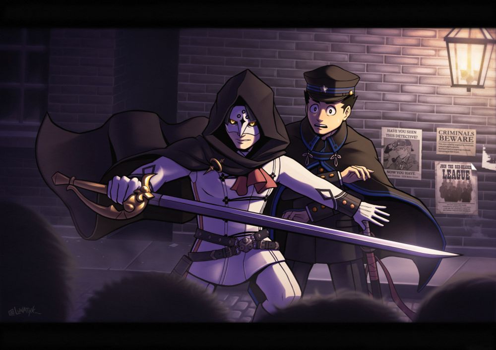 Fanart of the Masked Disciple (Kazuma Asogi) protecting Ryunosuke Naruhodo with his sword from an ambush of assailants in one of London's dangerous alleys.

From The Great Ace Attorney (TGAA/DGS)