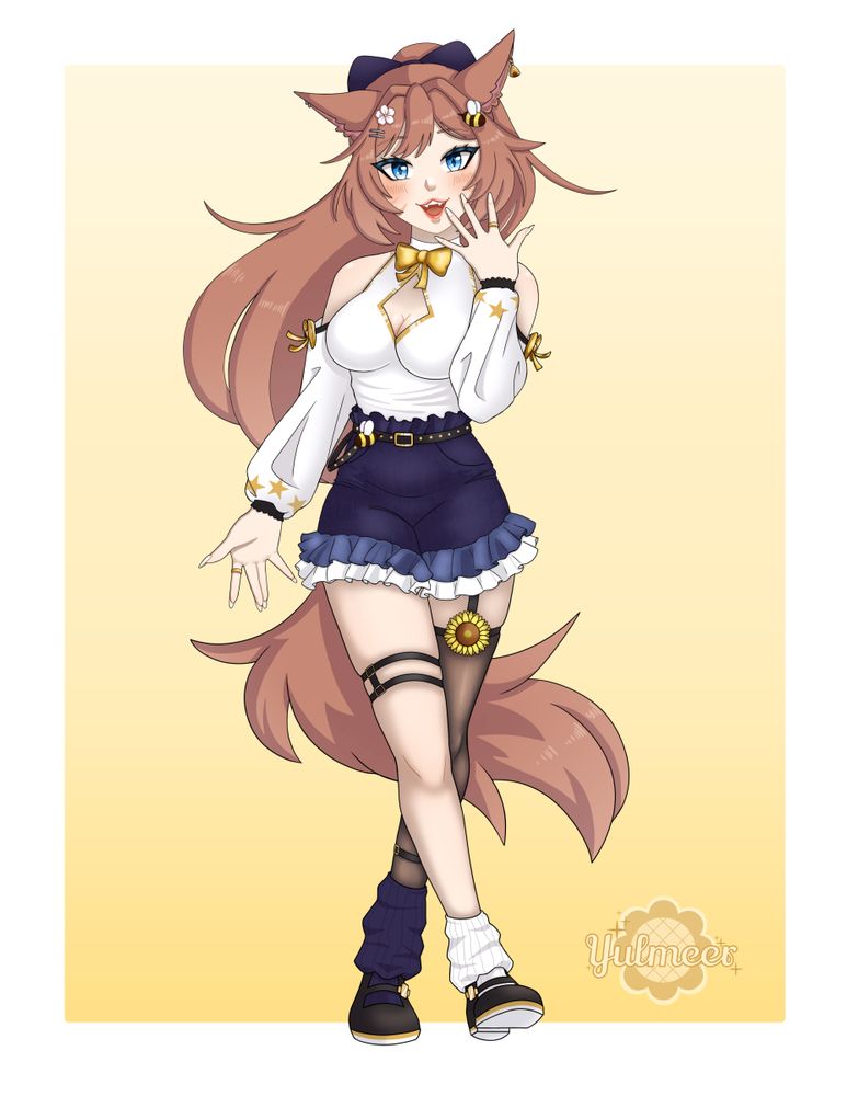 Art of a Miqo'te Vtuber bee keeper named Momorawrs. Miqo'te are a race from FFXIV which have beast-like features such as cat ears, tails, cat eye pupils and fangs. Her right leg is in front of her left leg as her right foot hovers in the air. She wears a white mock neck shirt with a diamond cutout around her bust and loose sleeves that expose her shoulders. Gold bows adorn her sleeves while gold stars trail above the sleeves' cuffs. Cinching in her hourglass figure is a dark belt studded with gold details that lies on top of a pair of navy, high-waisted shorts. The shorts have ruffles at the top and bottom with the bottom ruffles becoming a lighter shade of blue and then white. A dark strap squishes her right thigh and one stocking connected with a garter strap covers her left leg. The head of a sunflower sits at the top of her stocking. The loose socks she wears are mismatched; her left leg has a higher navy sock and her right leg has a lower white sock. Black mary jane shoes decorate her feet with gold and white heels. A cute, gold cross detail sits on each shoe at the outer side of the top strap. Her auburn hair and tail are both long and fluffy and give movement to the piece. She has two delicate silver hair clips and a sakura flower accessory on the right side of her head. Other accessories include her silver and gold earrings and gold rings. Long front hair pieces frame her face while her blue with cat pupils light up in joy. Light pink blush and pink lipstick complete her makeup. Her expression is joyful with her left hand gently covering her face near her mouth which is open in a grin that exposes her cat fangs. Two bees--one near her left ear and one near her belt on the right side hover gently. The background is soft yellow with "yulmeer" watermarked in the bottom right corner. 