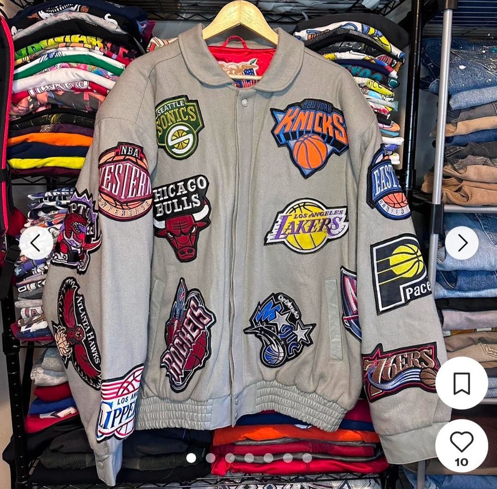 Gray Jacket from the 90s with patches from all NBA teams