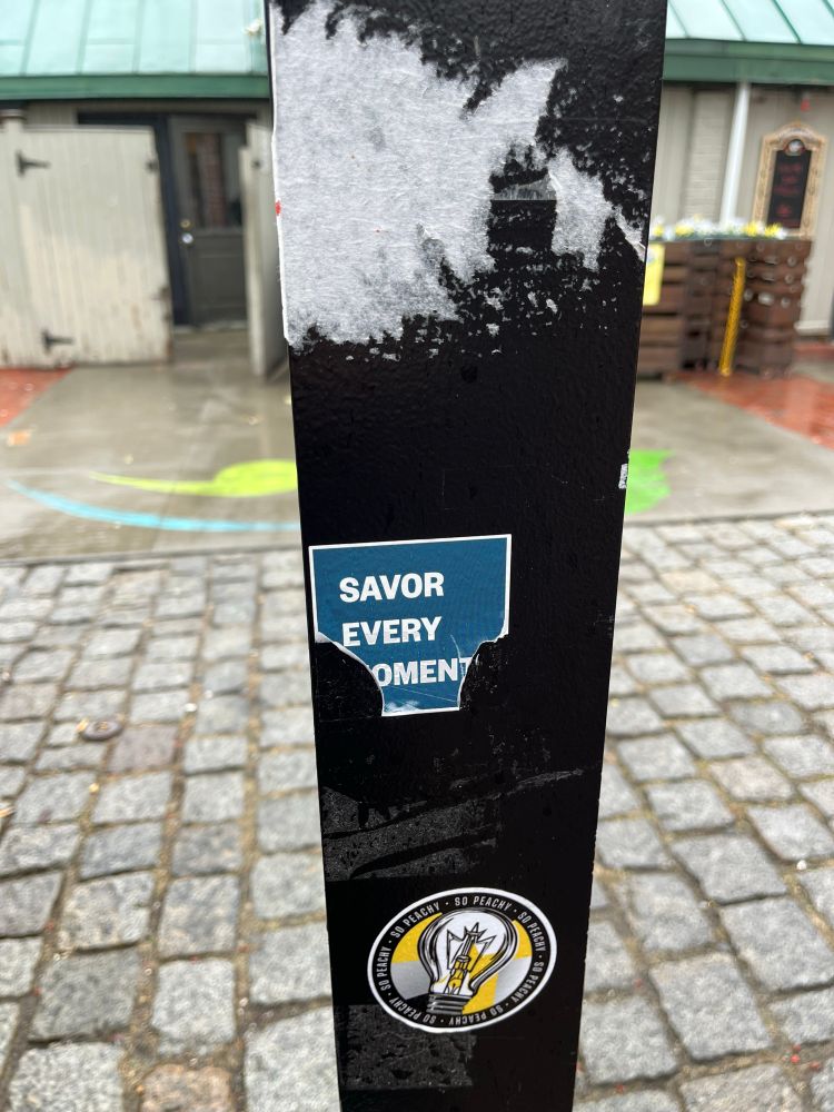 a sticker on a light post that used to say “savor every moment”, but the first and last letters of “moment” have been torn off so it says “savor every omen” instead